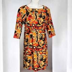 Jude Connally Geometric Shift Dress Sz L Mod Stretch Orange Black 70s Retro Vibe